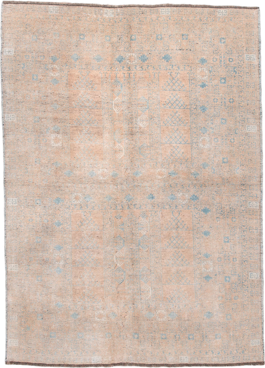 4' x 6' one-of-a-kind handmade antique Afghan rug. Color palette: peach, powder blue, ivory, taupe, camel, slate, terracotta
