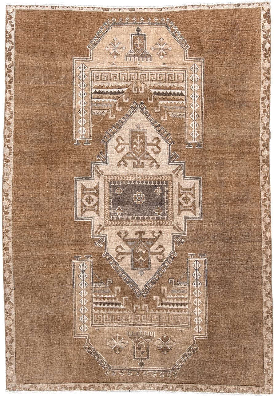 6' x 9' one-of-a-kind handmade antique Kars medium size rug. Color palette: camel, taupe, ivory, brown, charcoal, sand