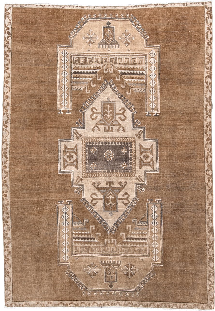 6' x 9' one-of-a-kind handmade antique Kars medium size rug. Color palette: camel, taupe, ivory, brown, charcoal, sand