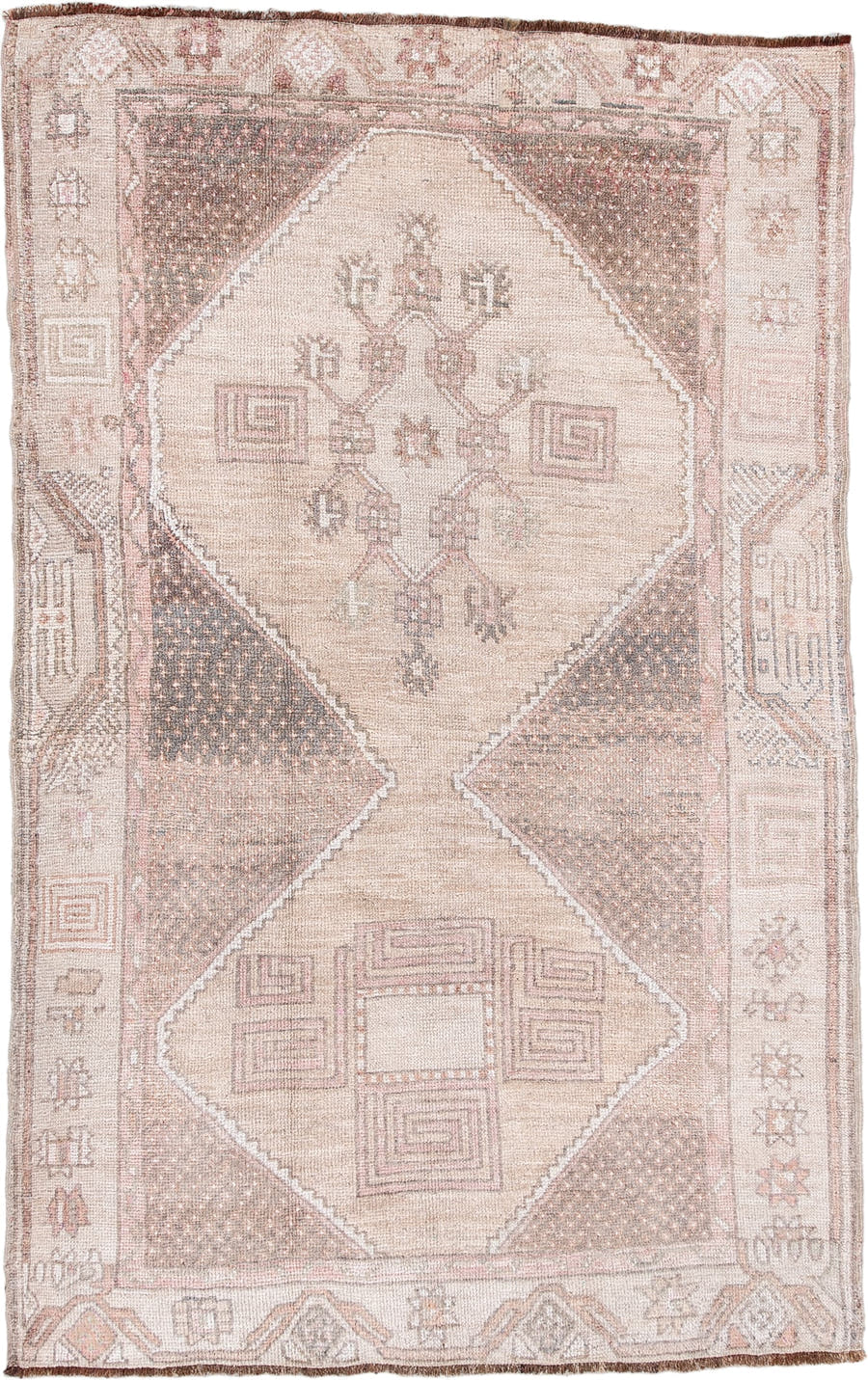 3' x 6' one-of-a-kind handmade antique Anatolian small size rug. Color palette: ivory, blush, taupe, charcoal, dusty rose