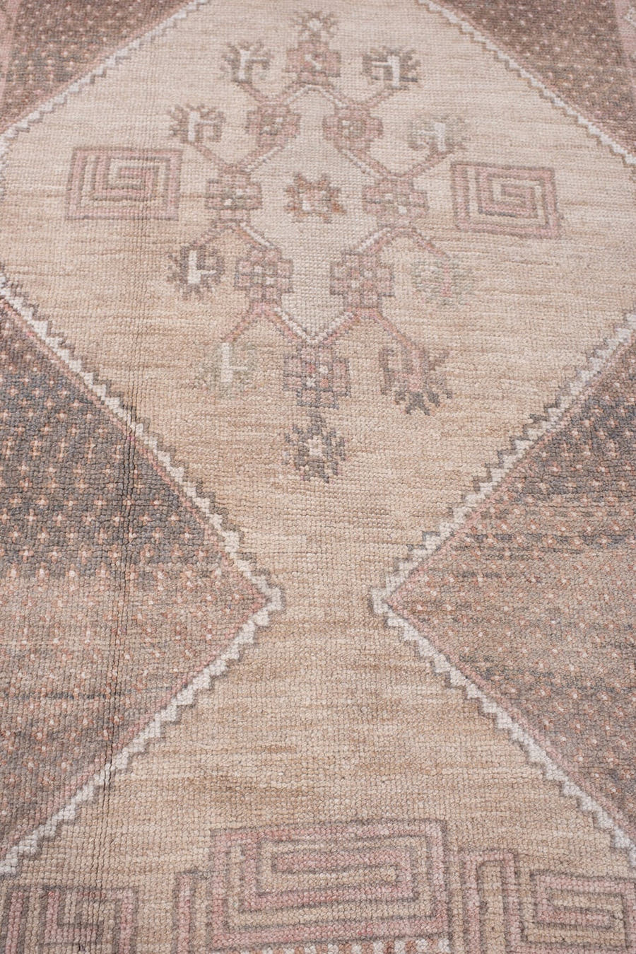 3' x 6' one-of-a-kind handmade antique Anatolian small size rug. Color palette: ivory, blush, taupe, charcoal, dusty rose