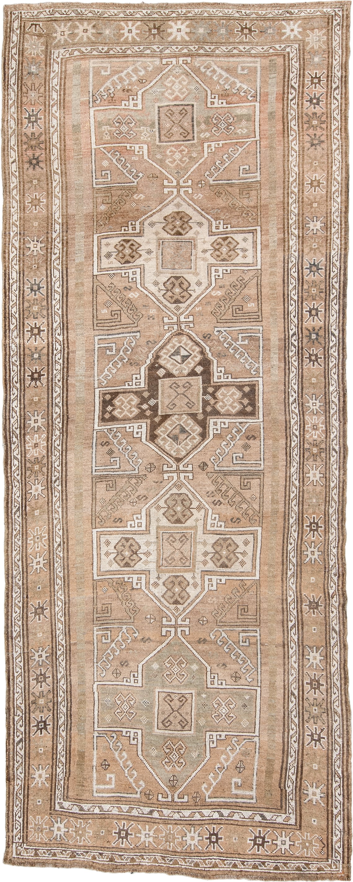 4' x 12' one-of-a-kind handmade antique Kars runner rug. Color palette: camel, taupe, ivory, brown, beige, charcoal, gray