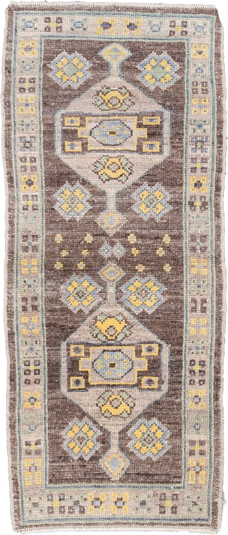 2' x 6' one-of-a-kind handmade vintage Oushak runner rug. Color palette: chocolate brown, ivory, pale blue, sage, soft gold