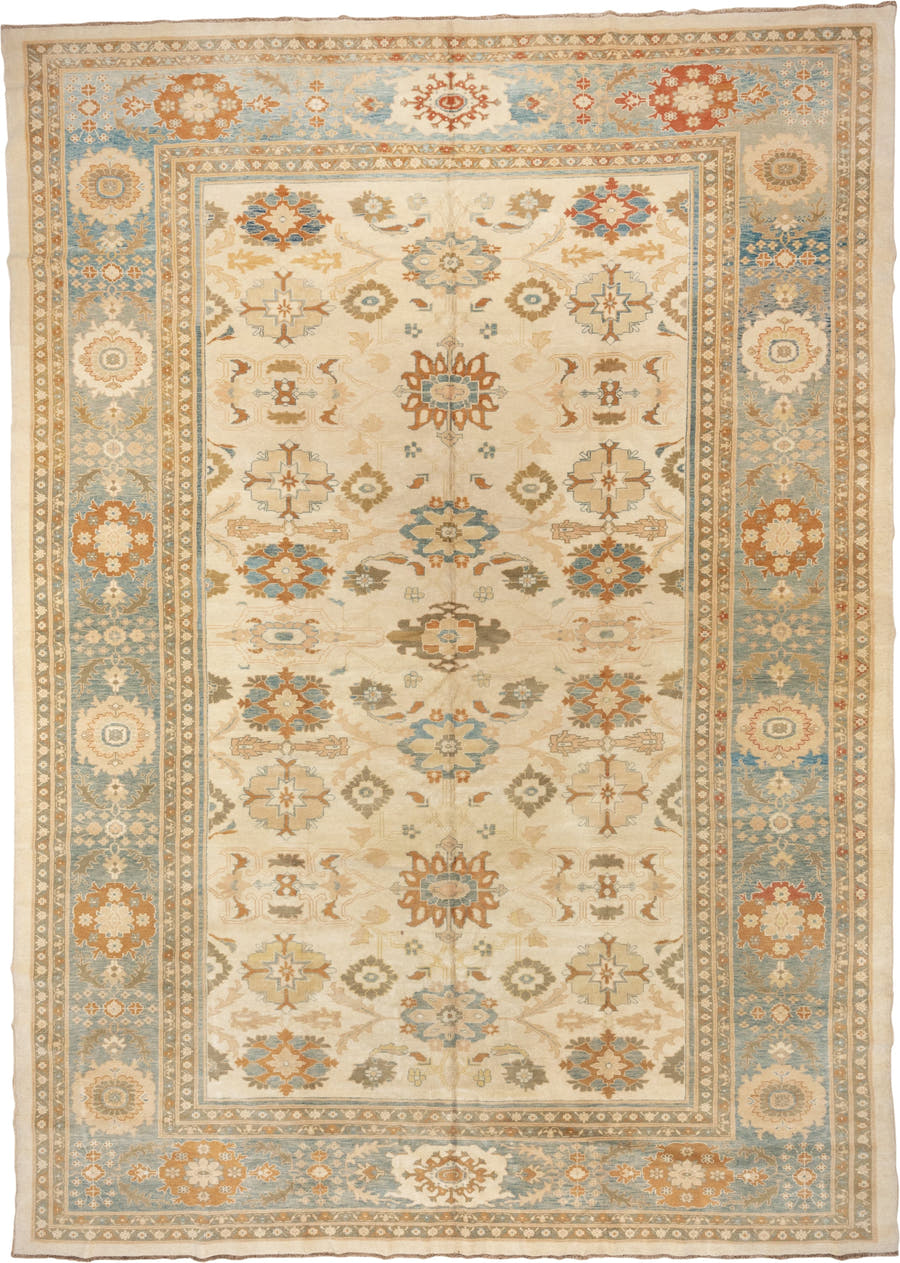 12' x 16' one-of-a-kind handmade vintage Sultanabad oversize rug. Color palette: ivory, sky blue, taupe, rust, gold, beige