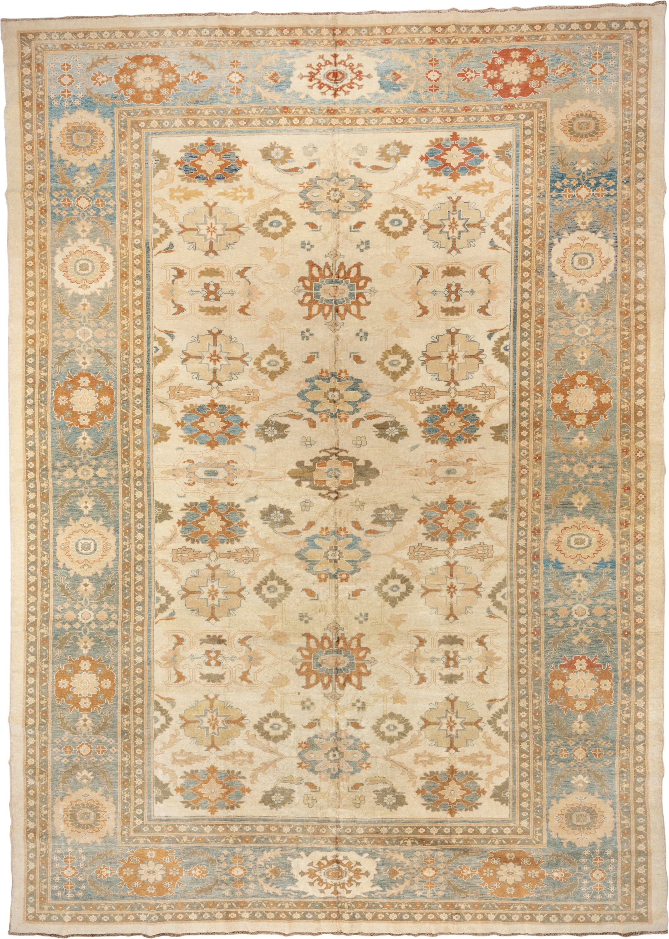 12' x 16' one-of-a-kind handmade vintage Sultanabad oversize rug. Color palette: ivory, sky blue, taupe, rust, gold, beige