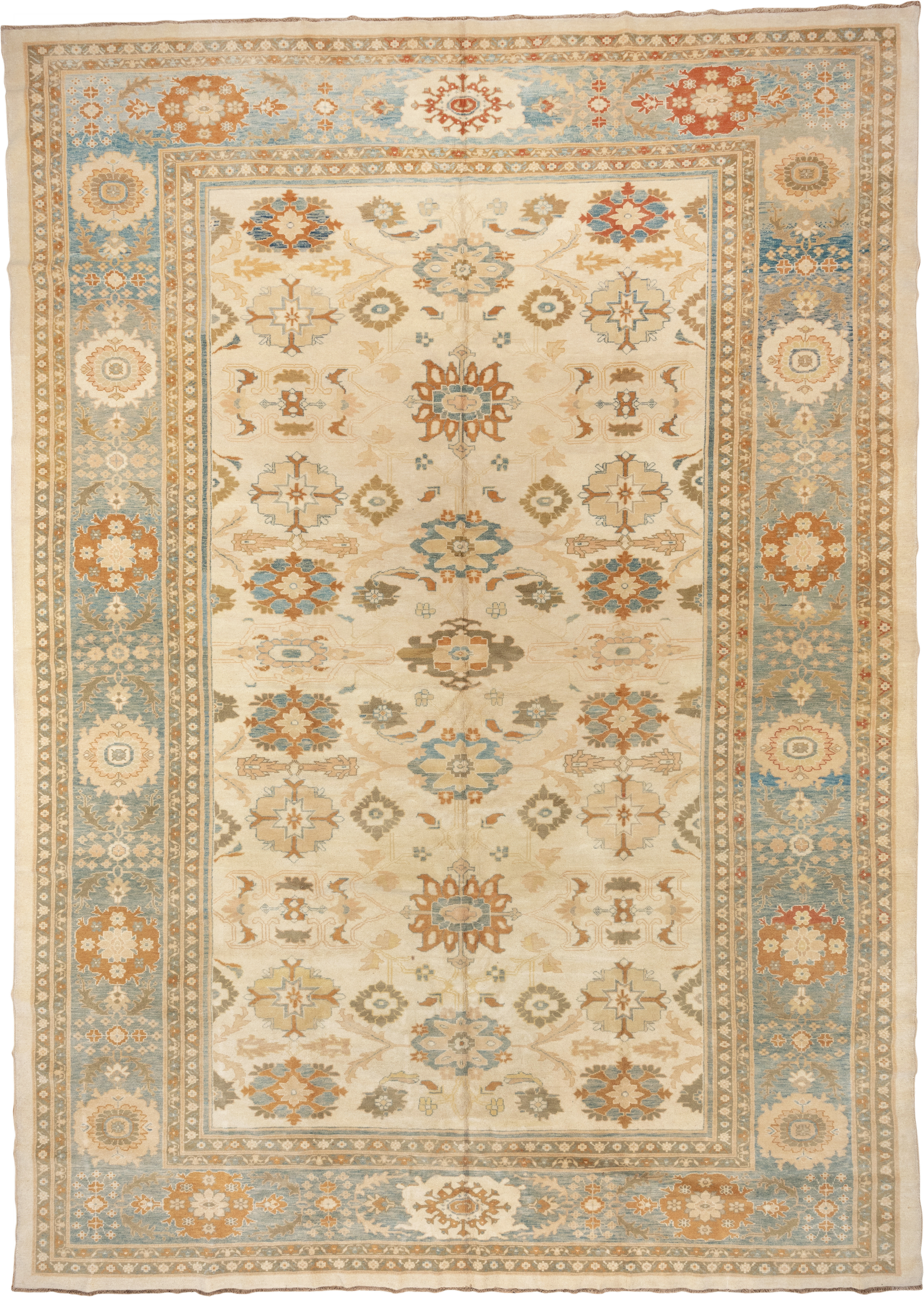 12' x 16' one-of-a-kind handmade vintage Sultanabad oversize rug. Color palette: ivory, sky blue, taupe, rust, gold, beige