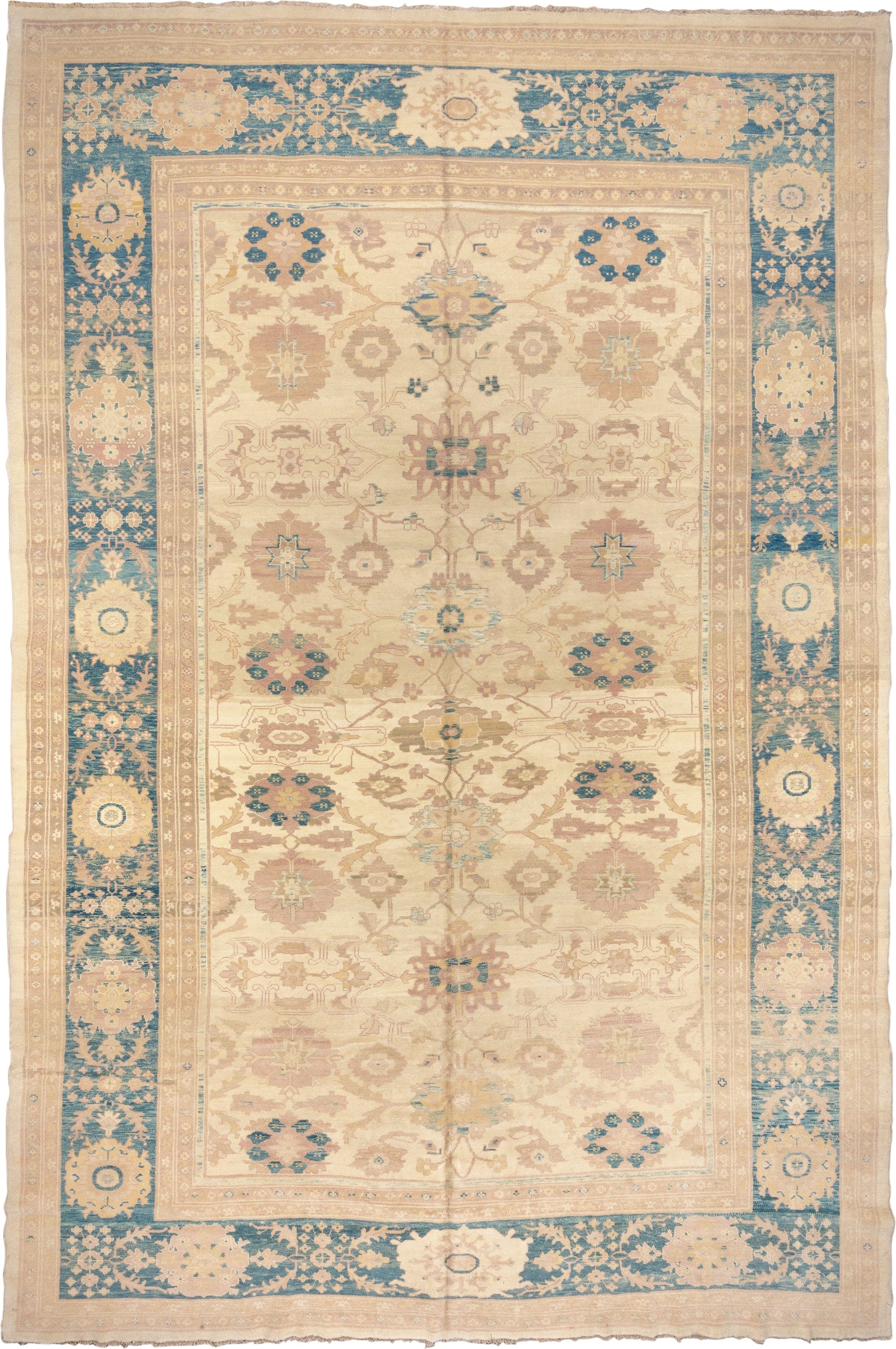 12' x 18' one-of-a-kind handmade vintage Sultanabad oversize rug. Color palette: ivory, beige, sky blue, taupe, camel, cream