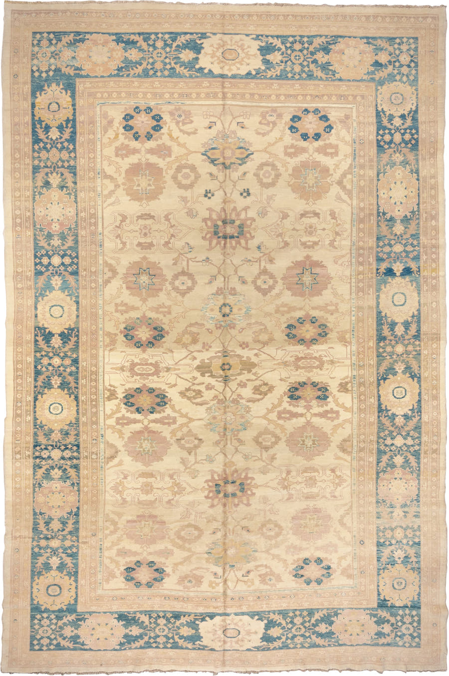 12' x 18' one-of-a-kind handmade vintage Sultanabad oversize rug. Color palette: ivory, beige, sky blue, taupe, camel, cream