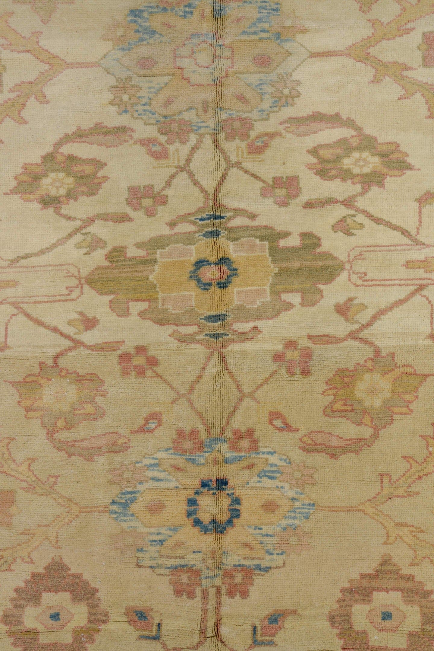 12' x 18' one-of-a-kind handmade vintage Sultanabad oversize rug. Color palette: ivory, beige, sky blue, taupe, camel, cream