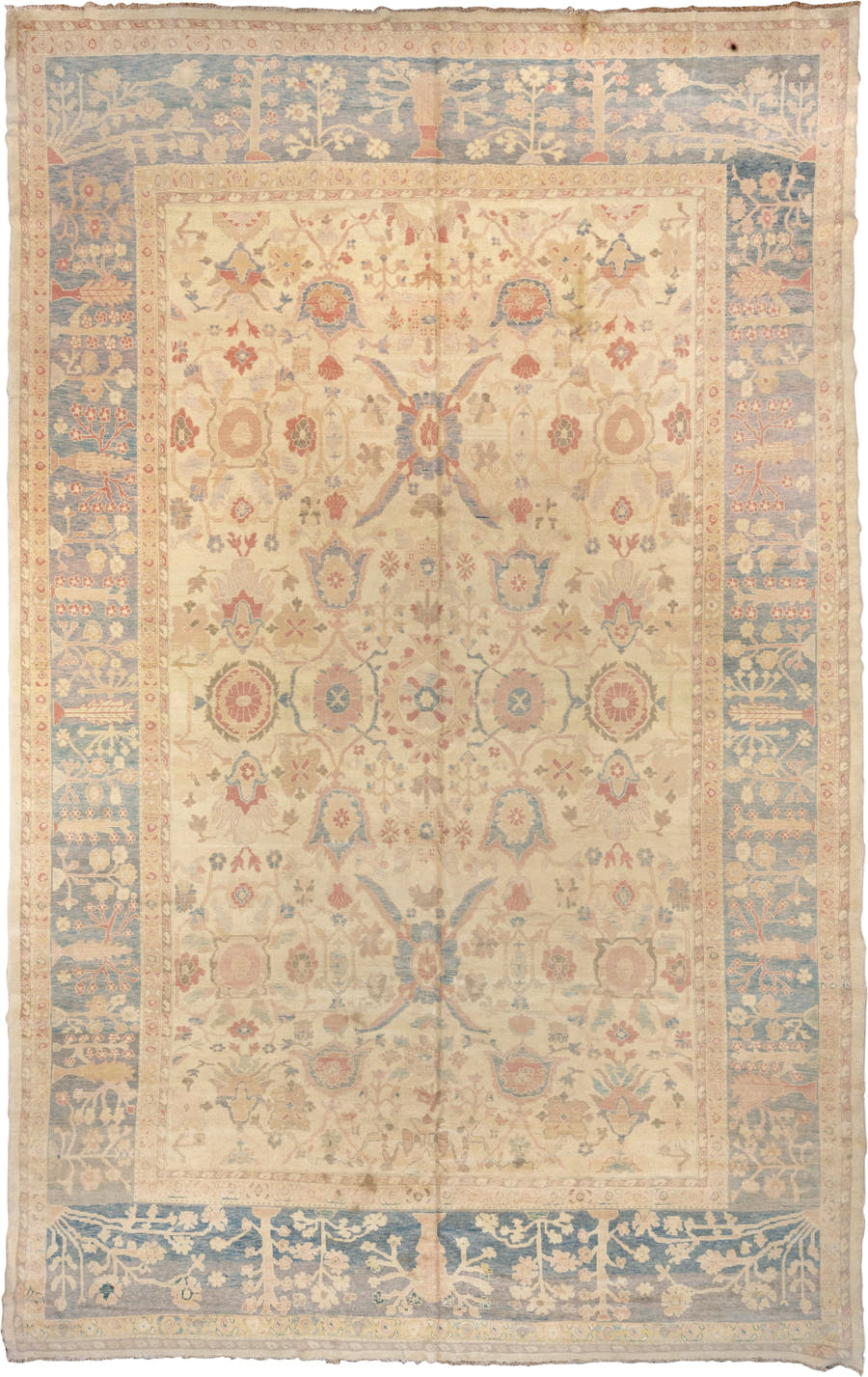 12' x 20' one-of-a-kind handmade vintage Sultanabad oversize rug. Color palette: ivory, pale blue, beige, blush, taupe, sage