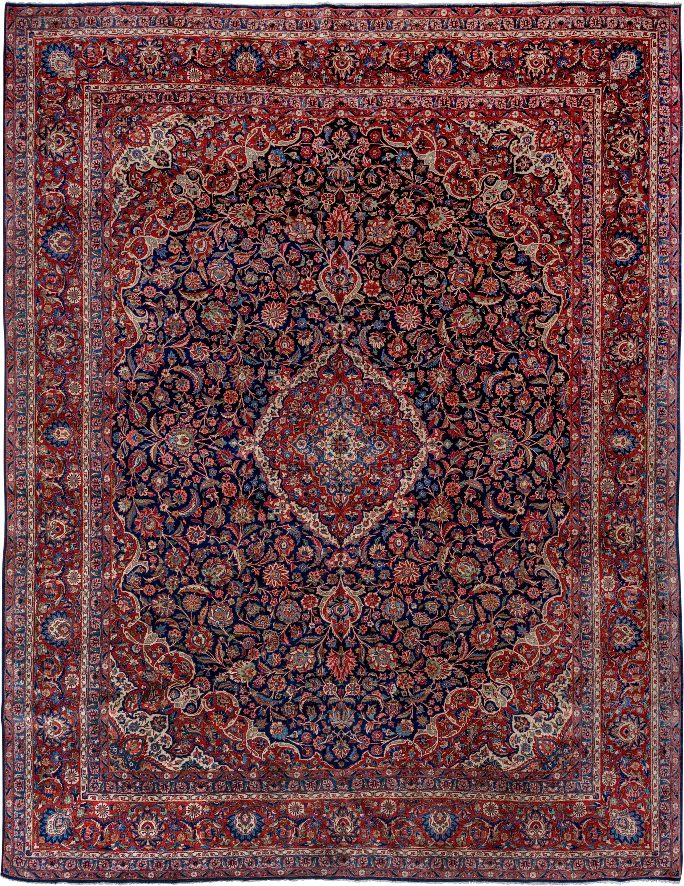10' x 13' one-of-a-kind handmade vintage Kashan oversize rug. Color palette: navy, red, ivory, cobalt, rose, camel, blue