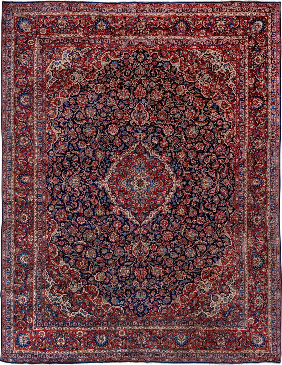 10' x 13' one-of-a-kind handmade vintage Kashan oversize rug. Color palette: navy, red, ivory, cobalt, rose, camel, blue