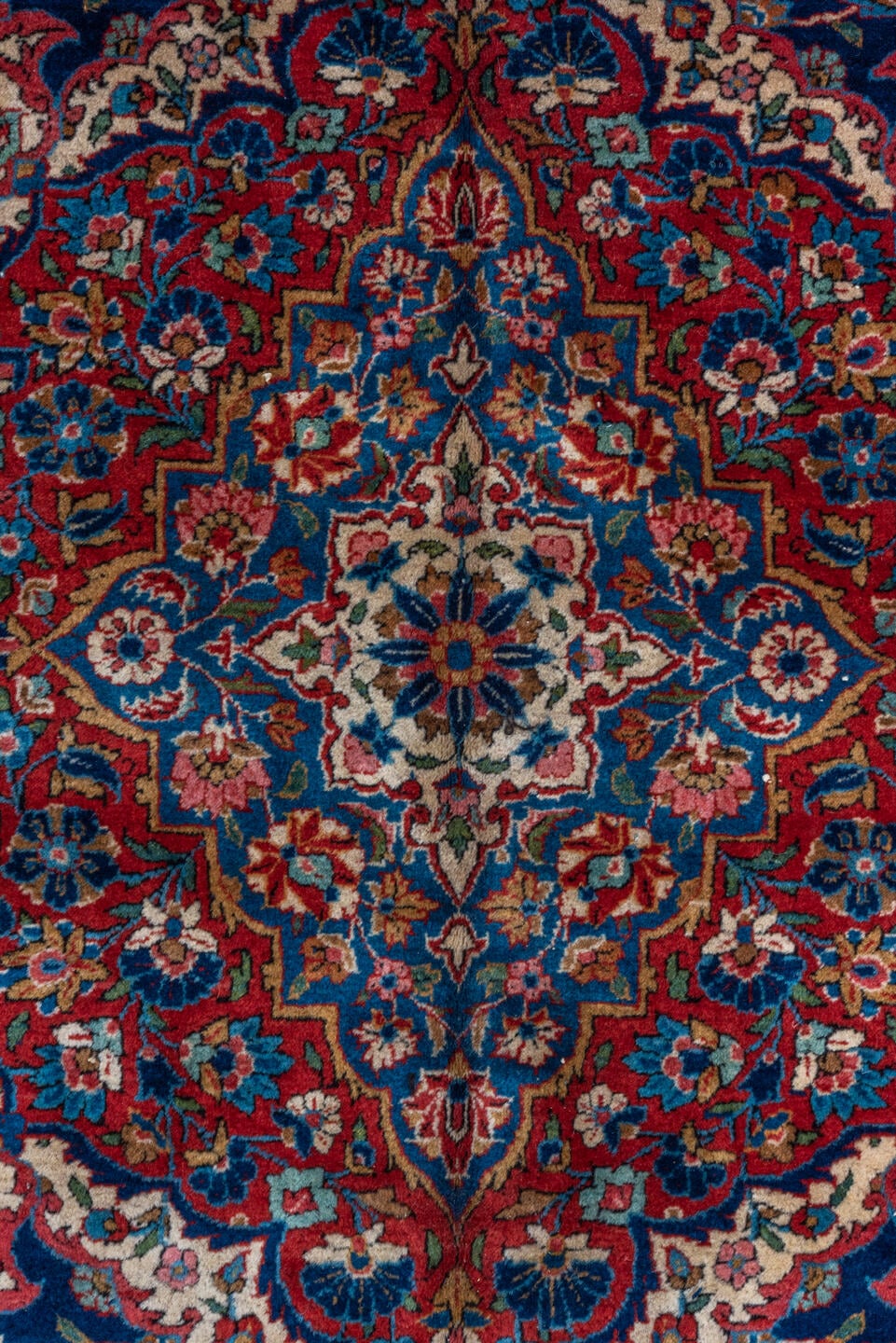 10' x 13' one-of-a-kind handmade vintage Kashan oversize rug. Color palette: navy, red, ivory, cobalt, rose, camel, blue
