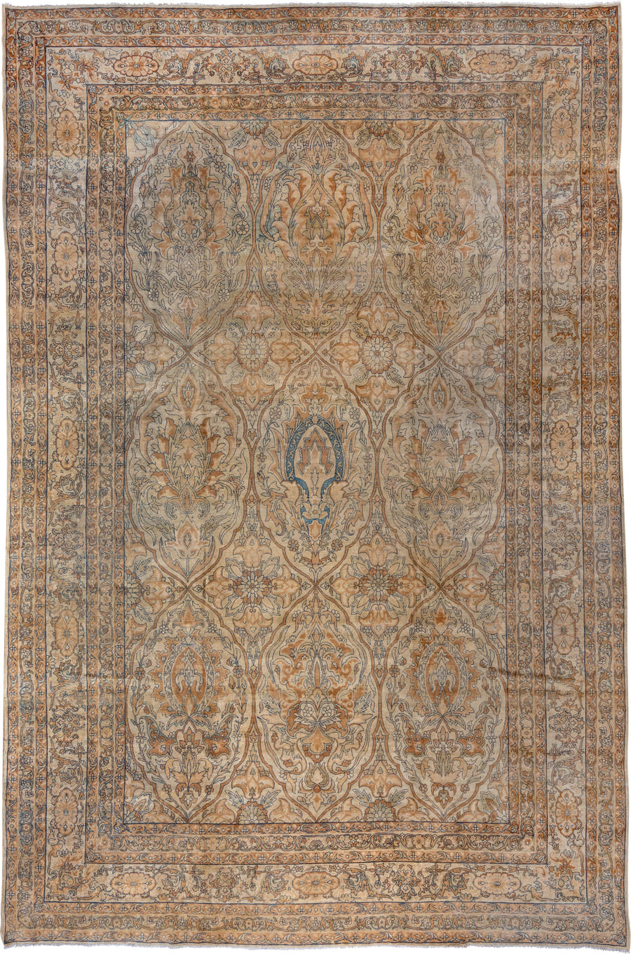 11' x 17' one-of-a-kind handmade vintage Yazd oversize rug. Color palette: ivory, camel, pale blue, taupe, tan, slate, ochre
