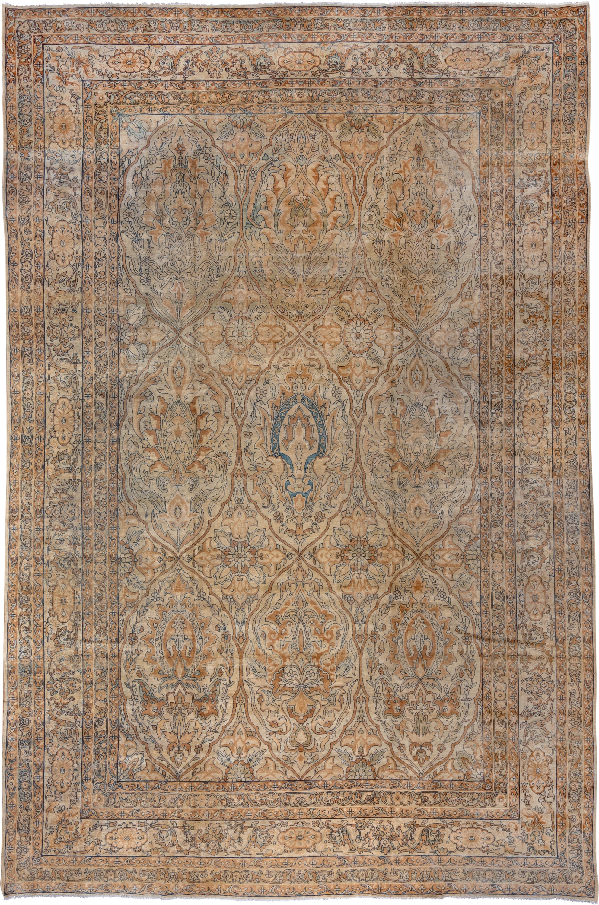 11' x 17' one-of-a-kind handmade vintage Yazd oversize rug. Color palette: ivory, camel, pale blue, taupe, tan, slate, ochre