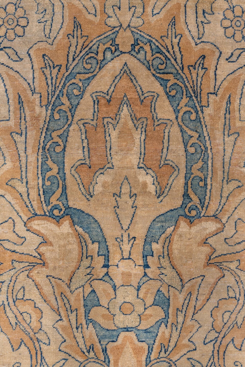 11' x 17' one-of-a-kind handmade vintage Yazd oversize rug. Color palette: ivory, camel, pale blue, taupe, tan, slate, ochre