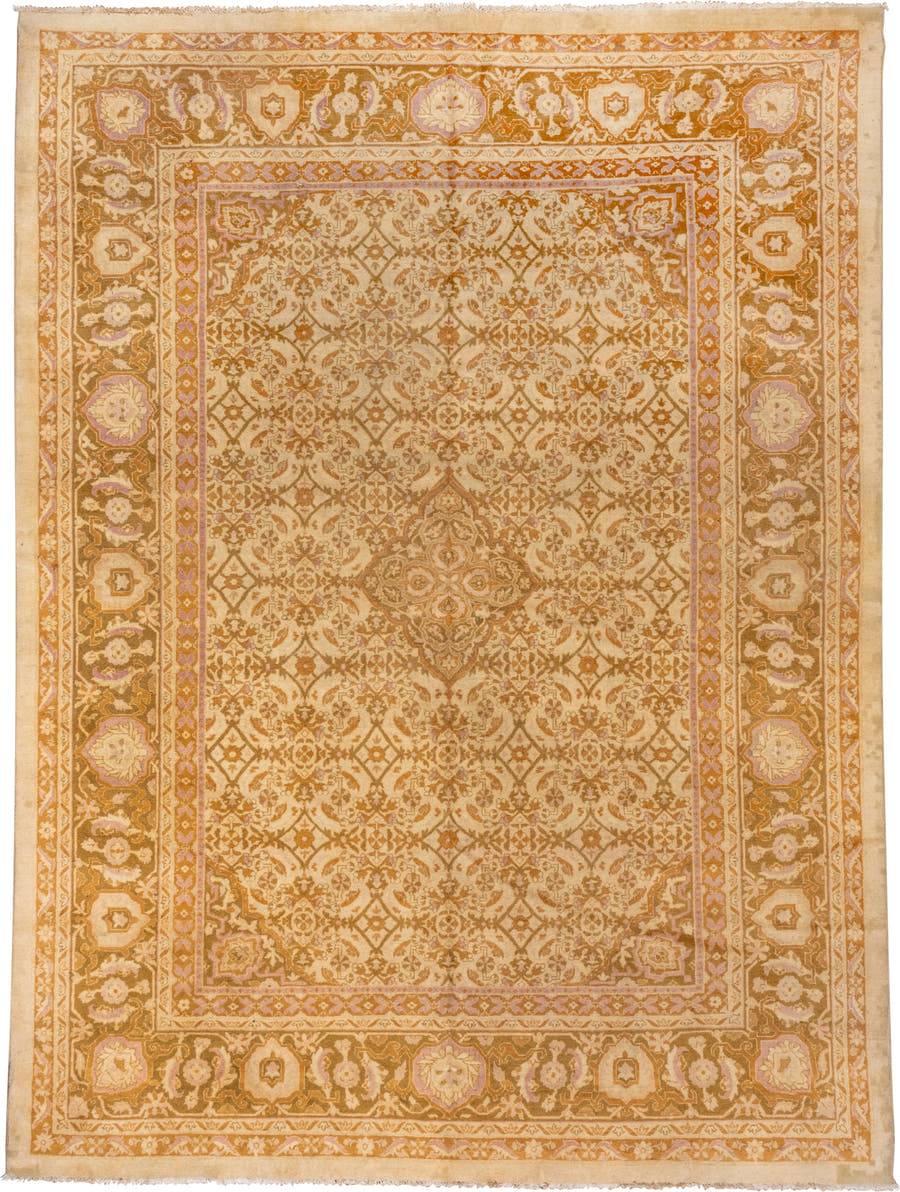 10' x 13' one-of-a-kind handmade vintage Agra large size rug. Color palette: ivory, gold, camel, blush, taupe, beige, sand