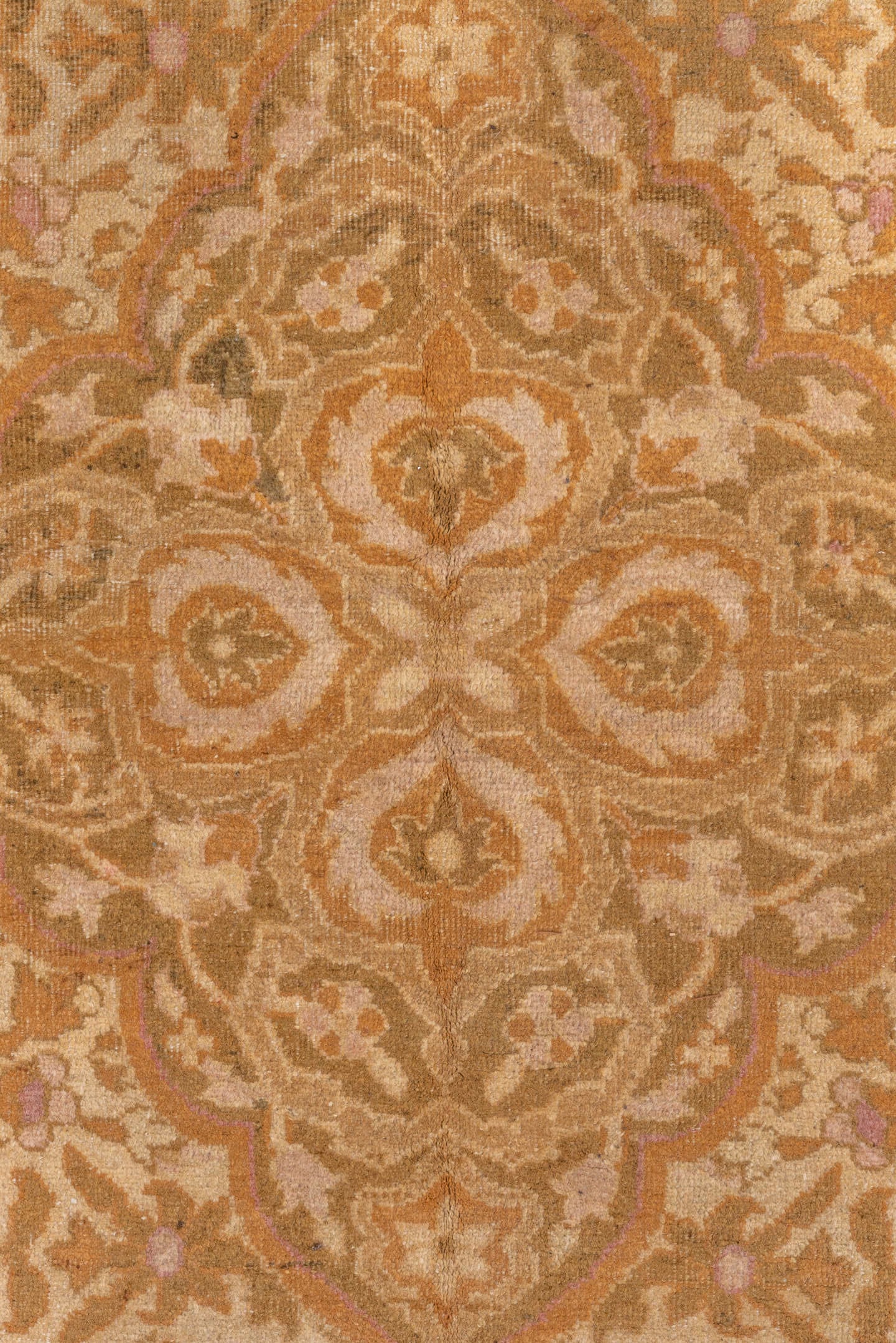 10' x 13' one-of-a-kind handmade vintage Agra large size rug. Color palette: ivory, gold, camel, blush, taupe, beige, sand