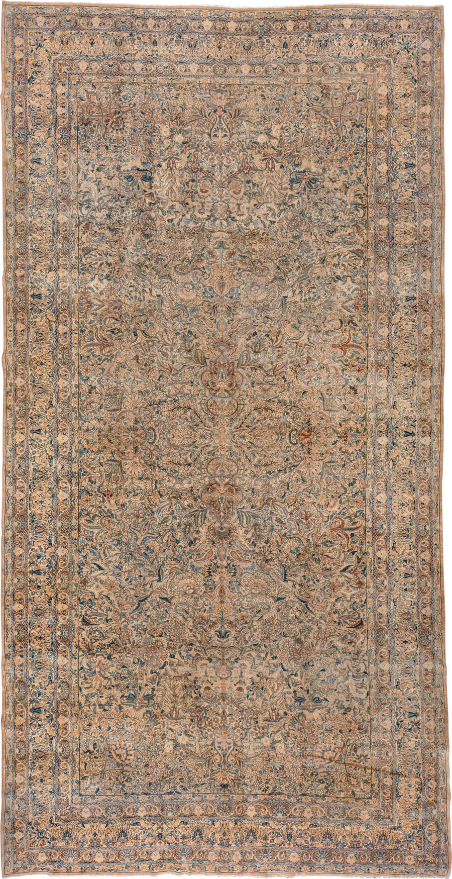 9' x 18' one-of-a-kind handmade vintage Kerman rug. Color palette: ivory, camel, muted blue, taupe, slate, tan, sienna