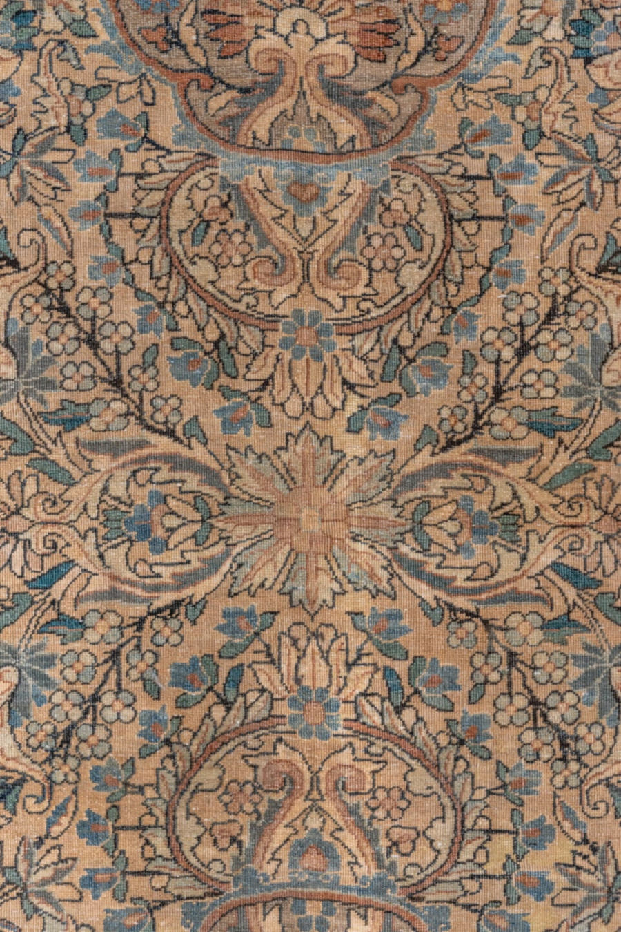 9' x 18' one-of-a-kind handmade vintage Kerman rug. Color palette: ivory, camel, muted blue, taupe, slate, tan, sienna