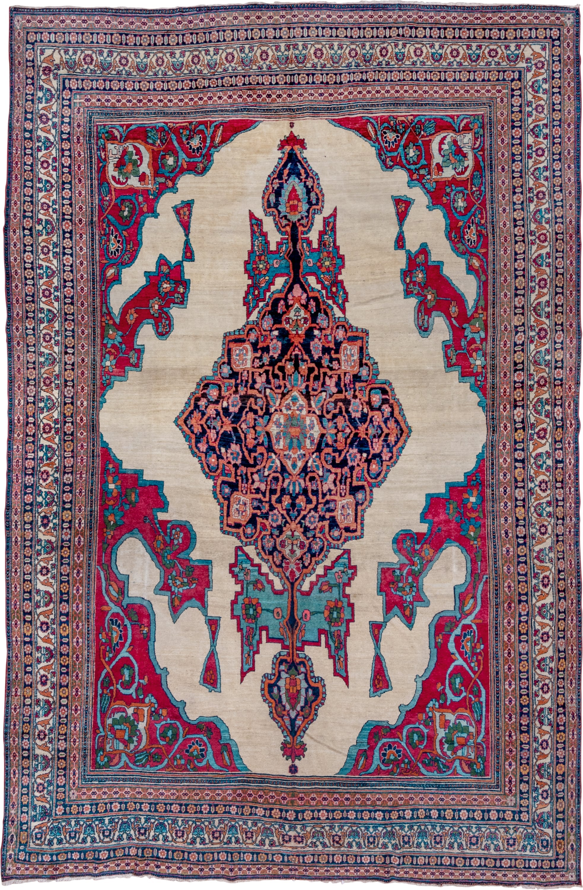 8' x 13' one-of-a-kind handmade vintage Lavar large size rug. Color palette: ivory, crimson, turquoise, navy, rose, coral