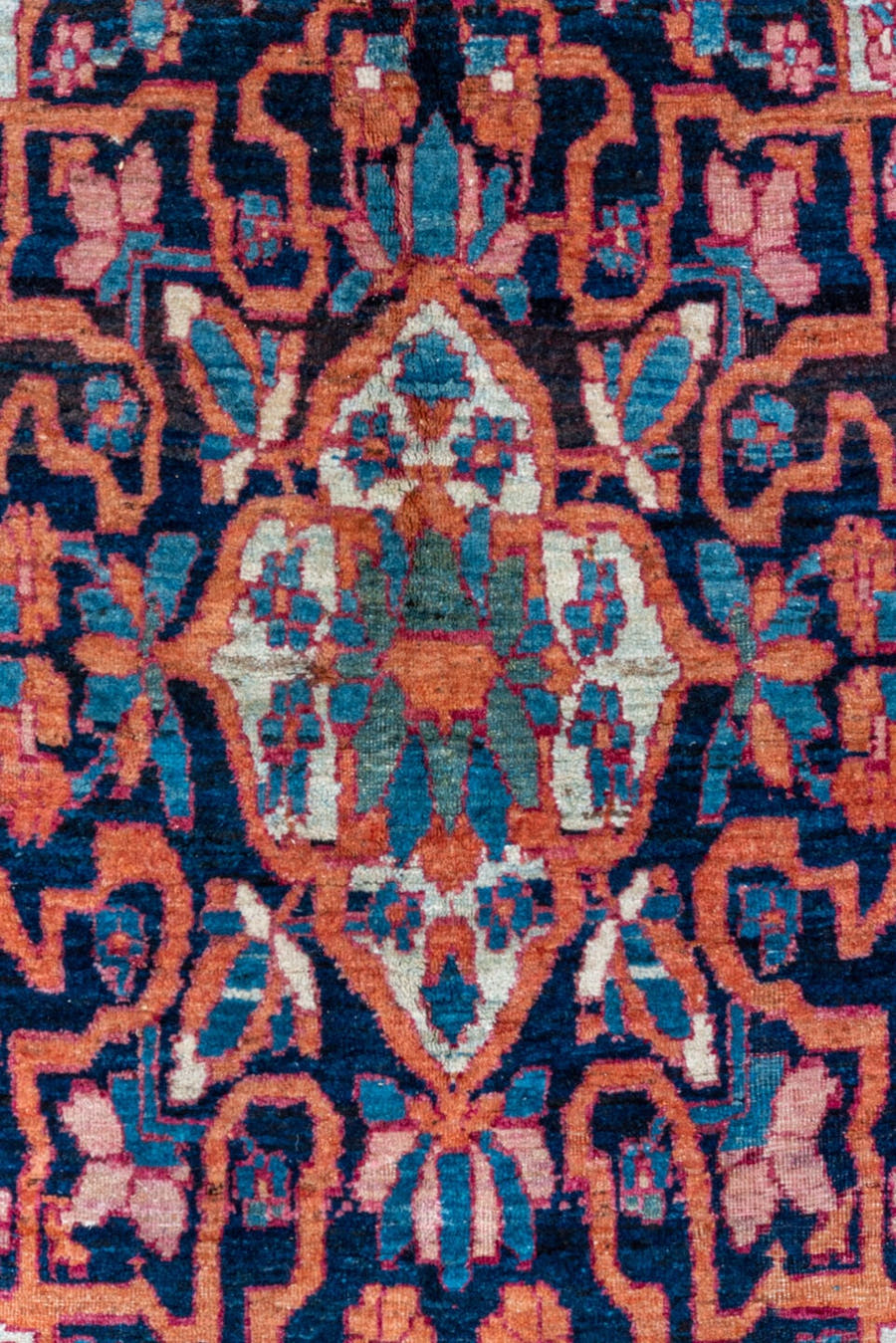 8' x 13' one-of-a-kind handmade vintage Lavar large size rug. Color palette: ivory, crimson, turquoise, navy, rose, coral