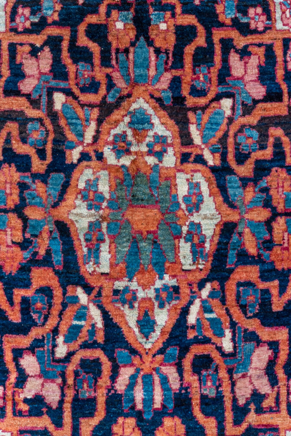 8' x 13' one-of-a-kind handmade vintage Lavar large size rug. Color palette: ivory, crimson, turquoise, navy, rose, coral