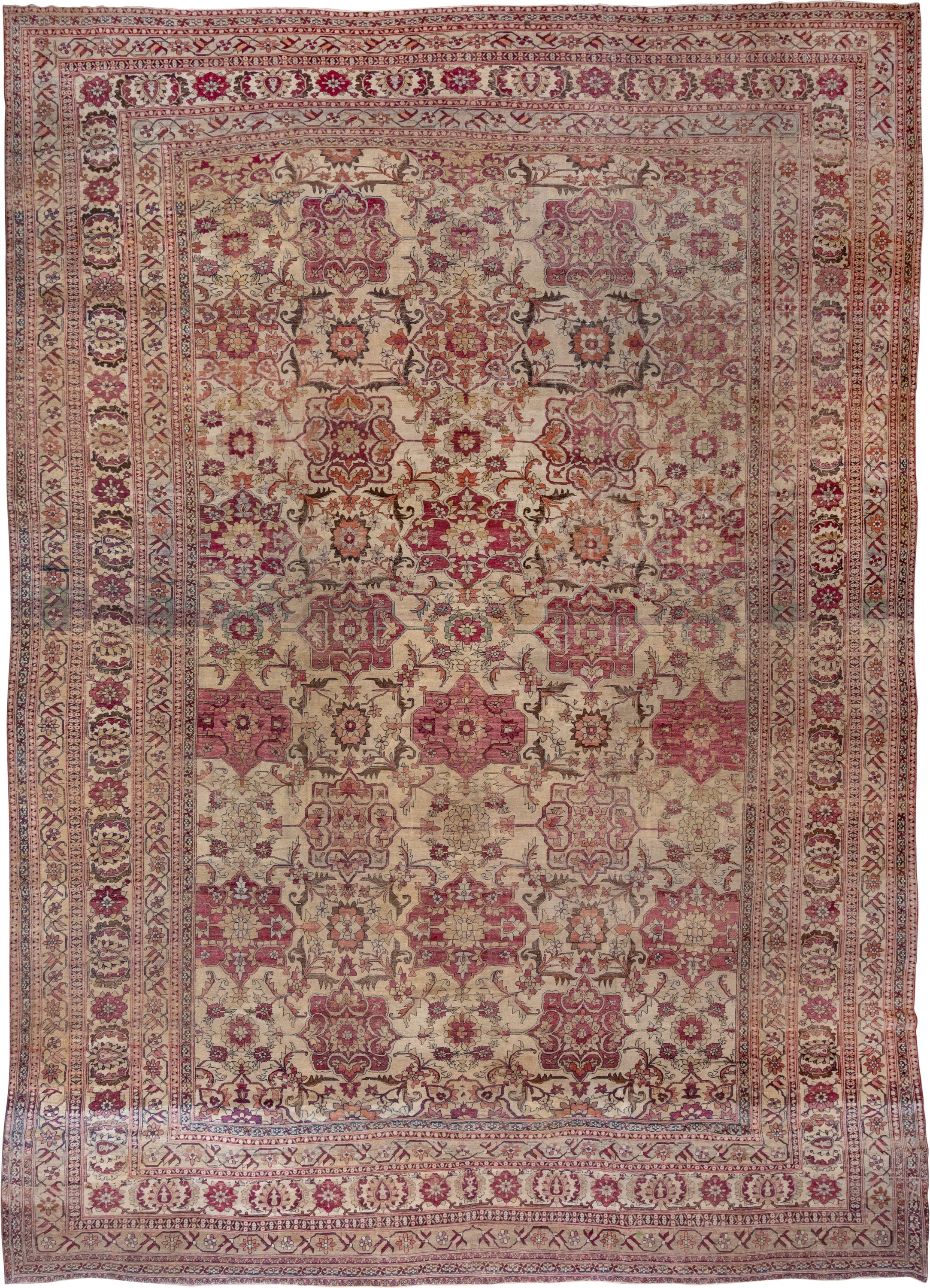 13' x 18' one-of-a-kind handmade vintage Lavar oversize rug. Color palette: ivory, rose, rust, taupe, gold, sage, brown