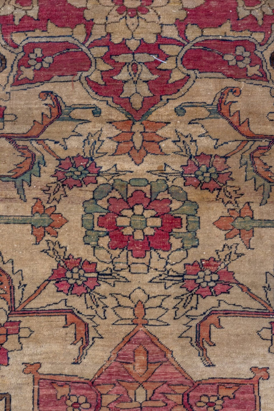 13' x 18' one-of-a-kind handmade vintage Lavar oversize rug. Color palette: ivory, rose, rust, taupe, gold, sage, brown