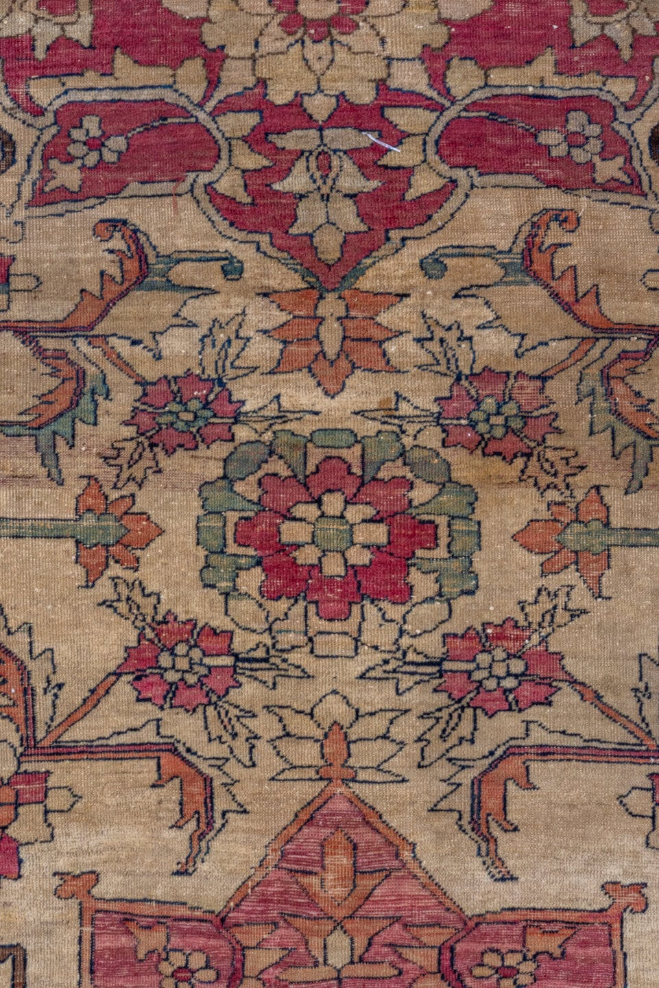 13' x 18' one-of-a-kind handmade vintage Lavar oversize rug. Color palette: ivory, rose, rust, taupe, gold, sage, brown