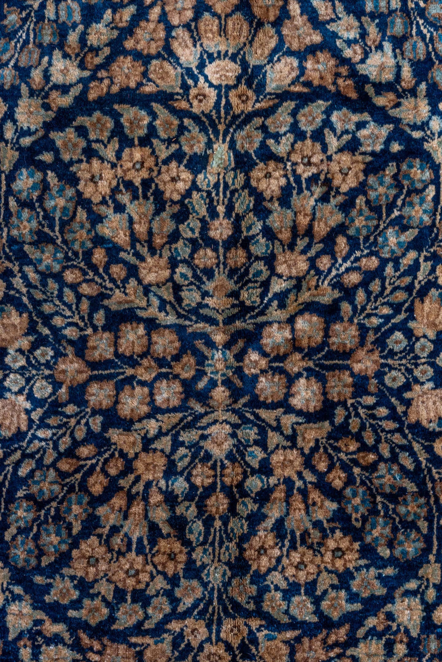 8' x 13' one-of-a-kind handmade vintage Kerman large size rug. Color palette: navy, ivory, camel, taupe, light blue, beige