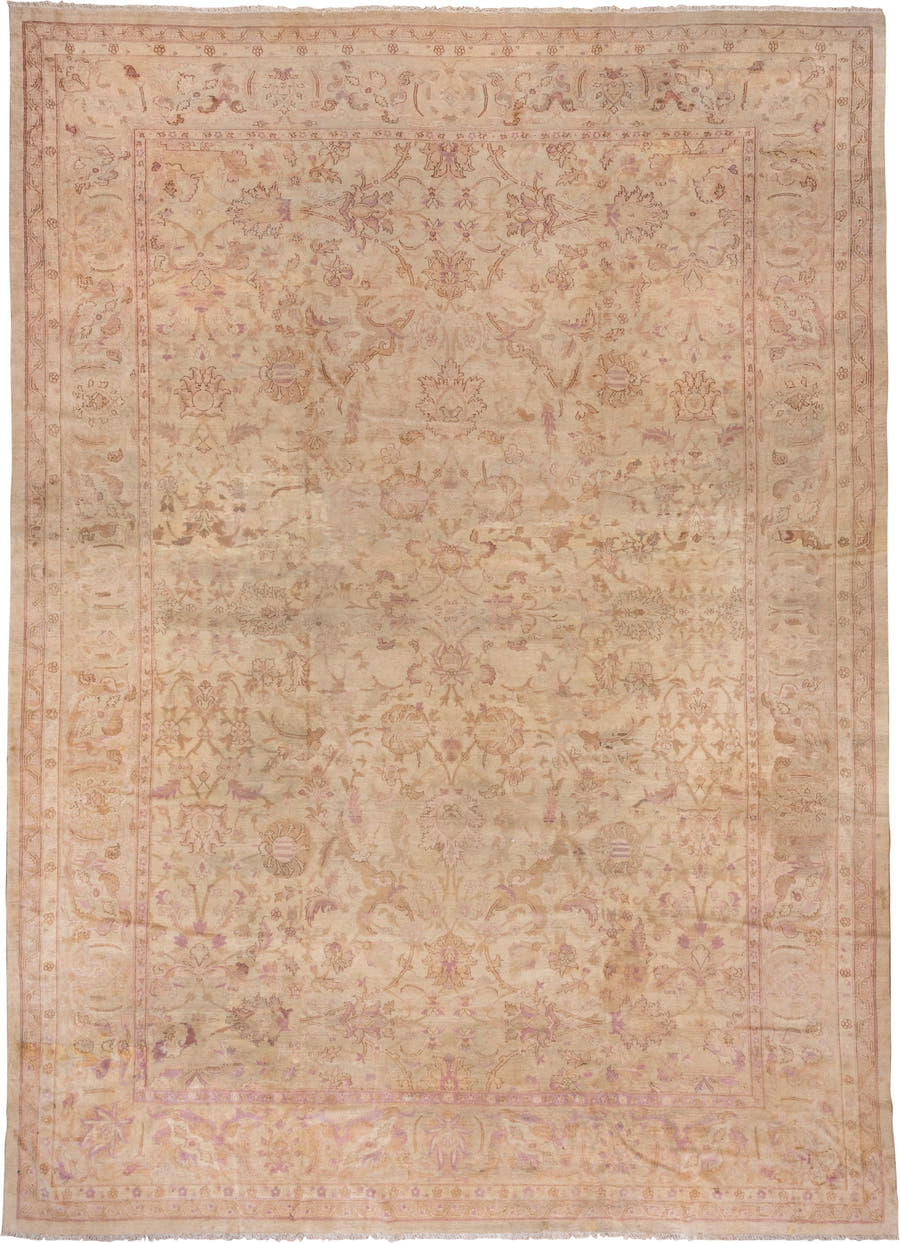 11' x 16' one-of-a-kind handmade vintage Agra oversize rug. Color palette: peach, ivory, rose, taupe, camel, blush, lavender