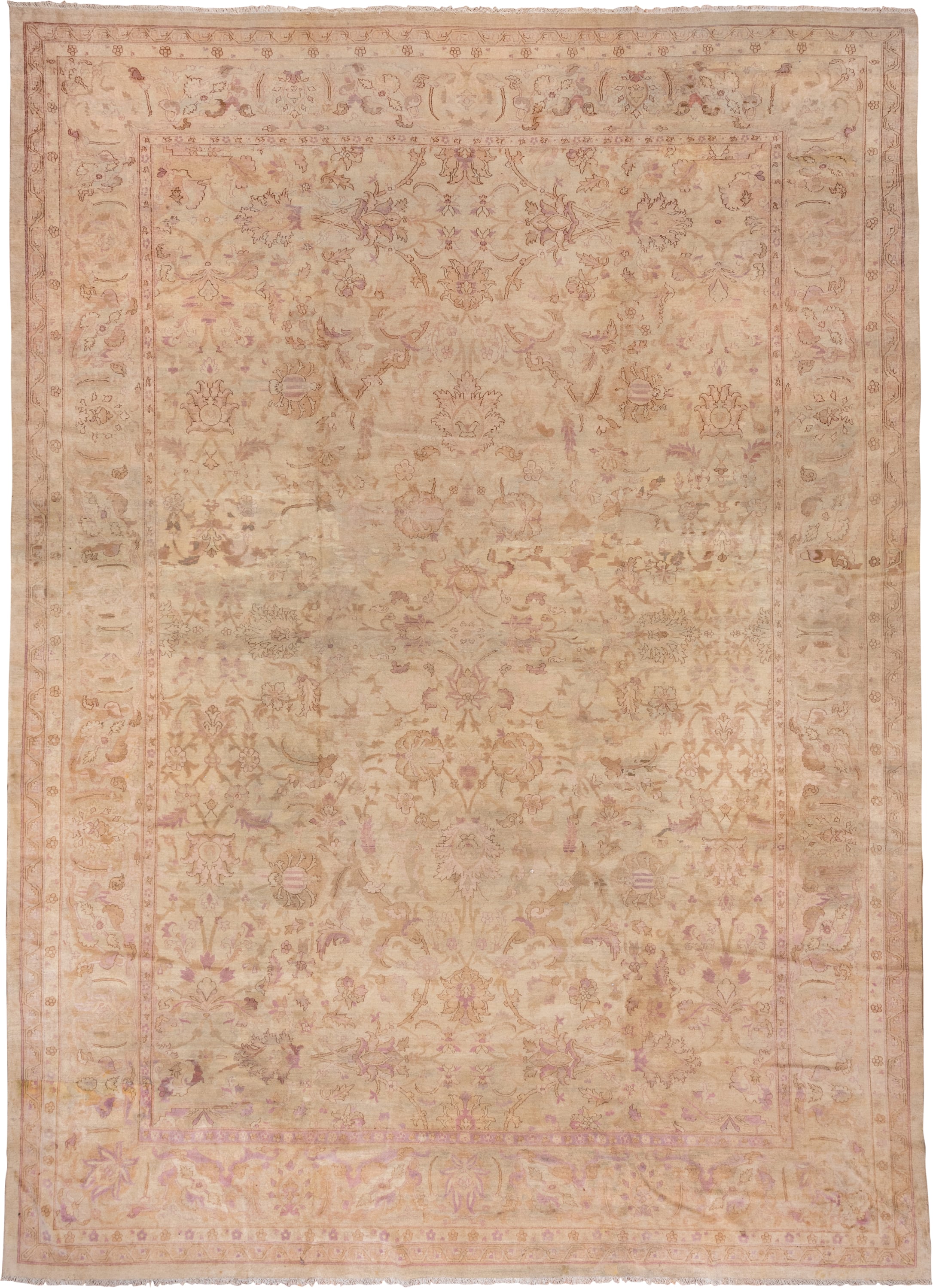 11' x 16' one-of-a-kind handmade vintage Agra oversize rug. Color palette: peach, ivory, rose, taupe, camel, blush, lavender