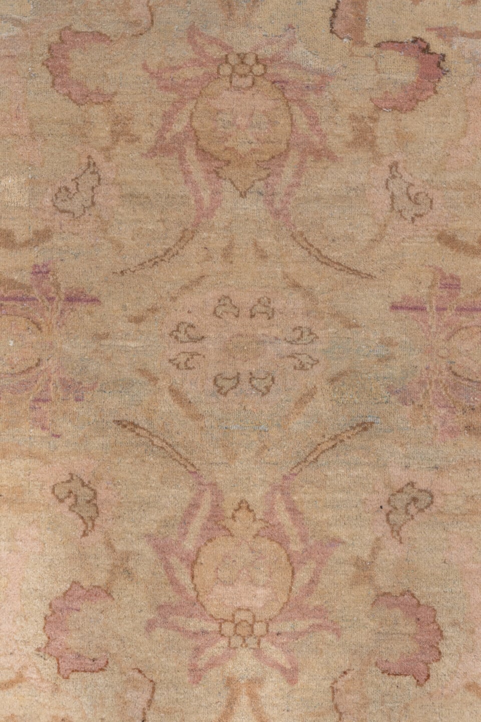 11' x 16' one-of-a-kind handmade vintage Agra oversize rug. Color palette: peach, ivory, rose, taupe, camel, blush, lavender