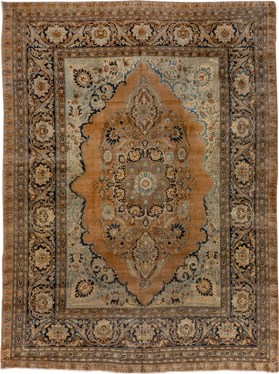 8' x 12' one-of-a-kind handmade vintage Tabriz large size rug. Color palette: camel, navy, ivory, light blue, taupe, gold