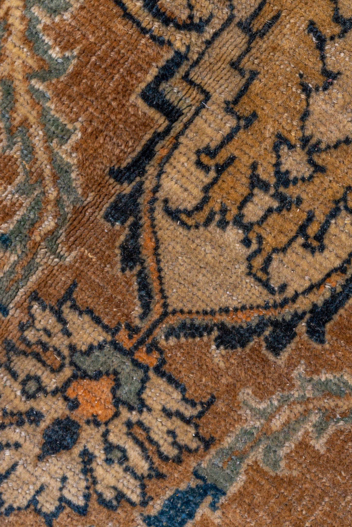 8' x 12' one-of-a-kind handmade vintage Tabriz large size rug. Color palette: camel, navy, ivory, light blue, taupe, gold