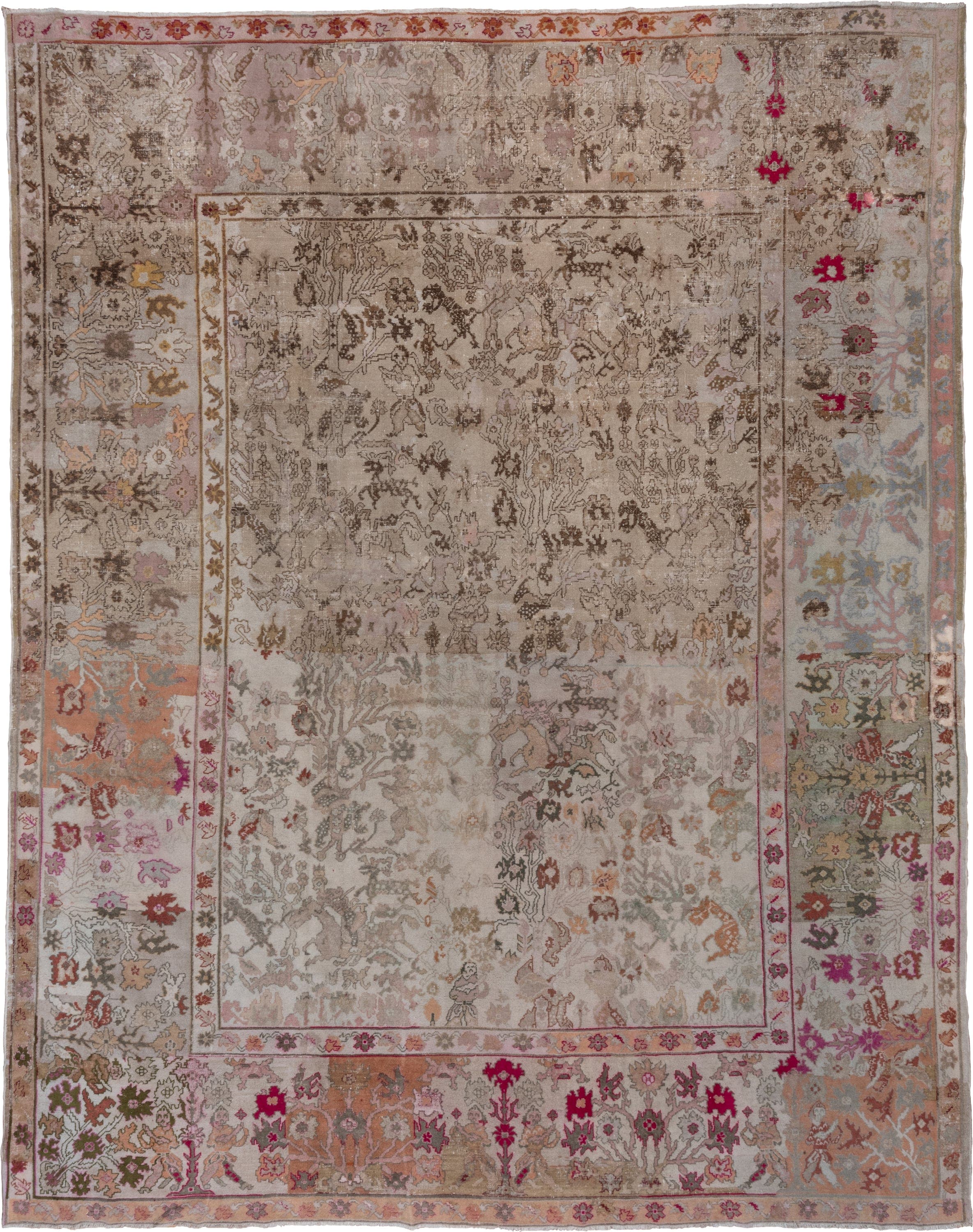 11' x 13' one-of-a-kind handmade vintage Amritzar oversize rug. Color palette: taupe, ivory, rose, sage, coral, brown
