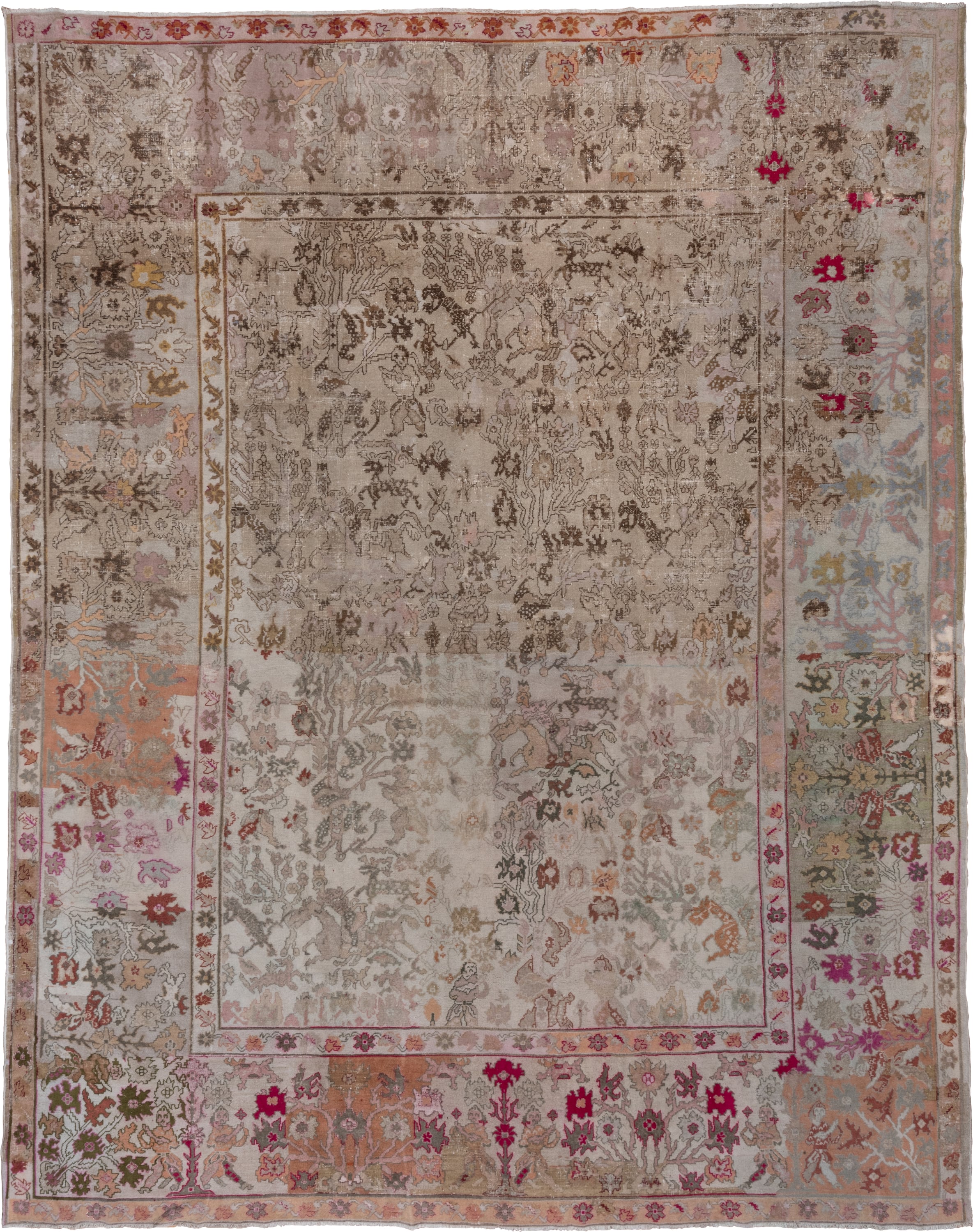 11' x 13' one-of-a-kind handmade vintage Amritzar oversize rug. Color palette: taupe, ivory, rose, sage, coral, brown
