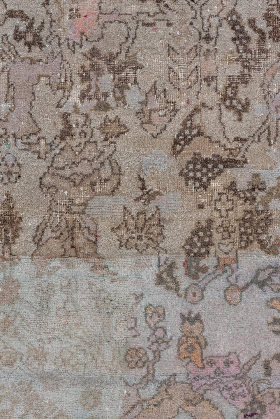 11' x 13' one-of-a-kind handmade vintage Amritzar oversize rug. Color palette: taupe, ivory, rose, sage, coral, brown