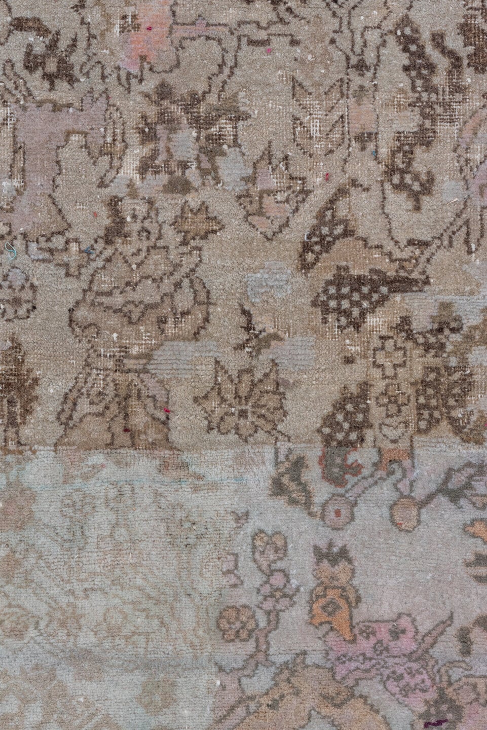 11' x 13' one-of-a-kind handmade vintage Amritzar oversize rug. Color palette: taupe, ivory, rose, sage, coral, brown