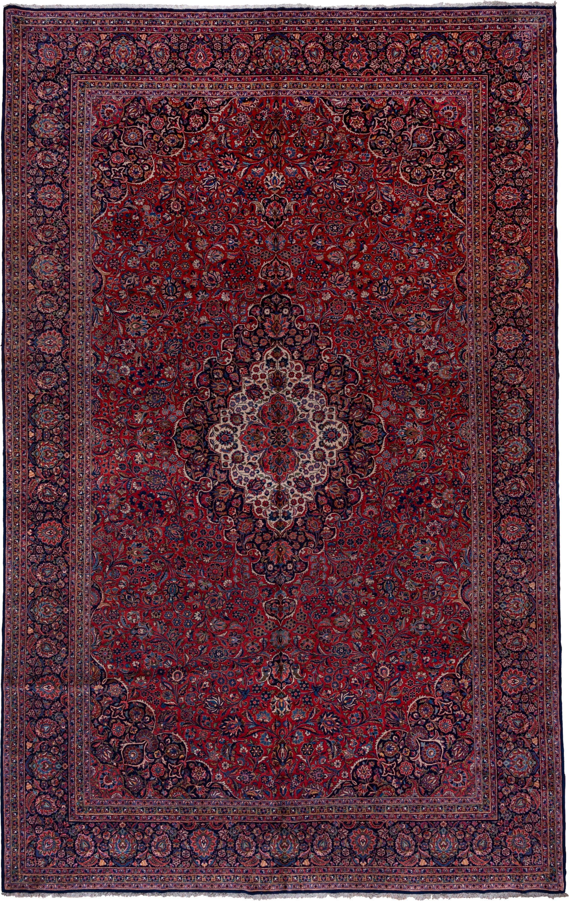 10' x 16' one-of-a-kind handmade vintage Kashan rug. Color palette: red, navy, ivory, rose, burgundy, slate, camel, blue