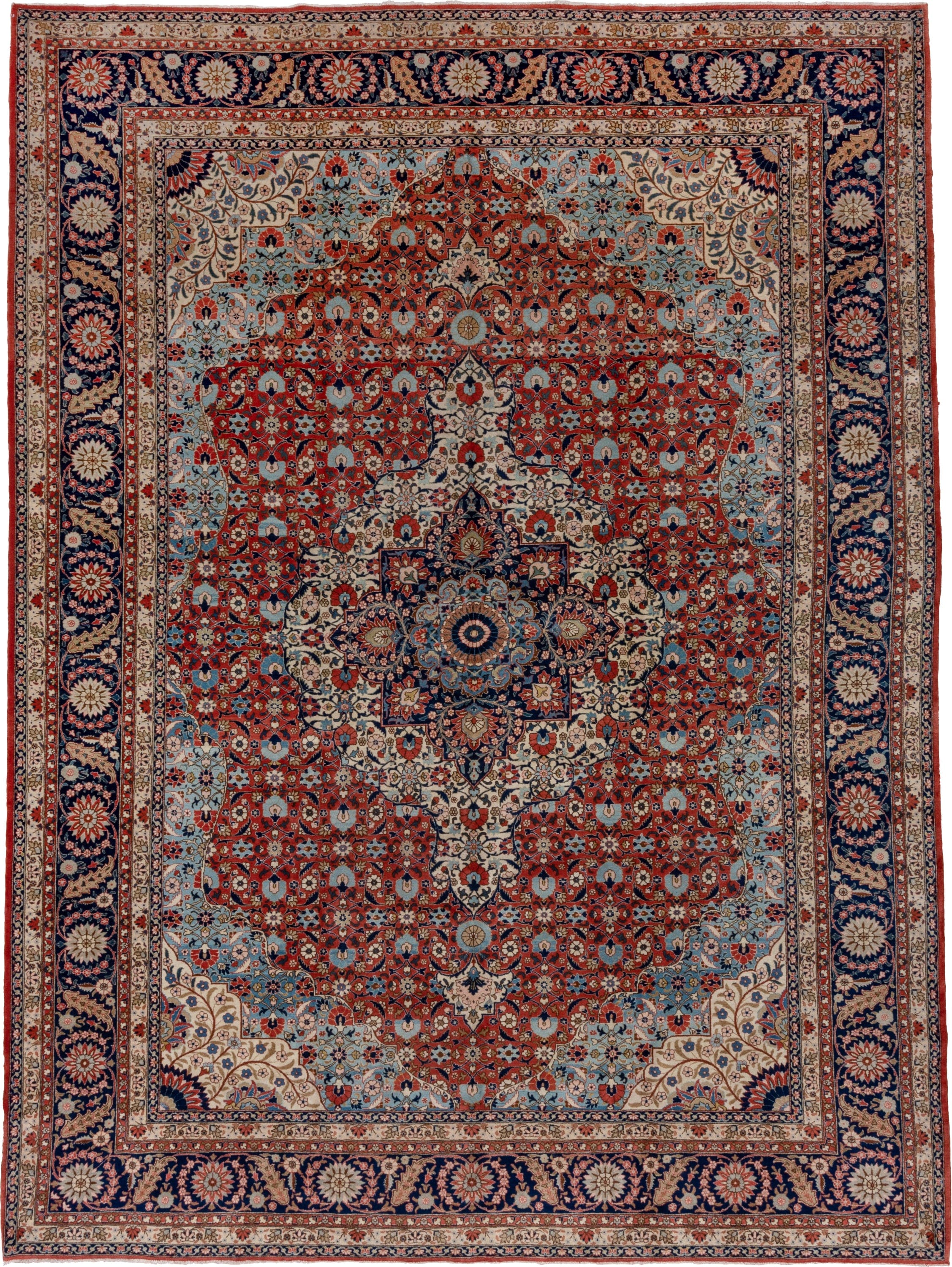 10' x 13' one-of-a-kind handmade vintage Tabriz oversize rug. Color palette: rust, navy, ivory, sky blue, cream, slate blue