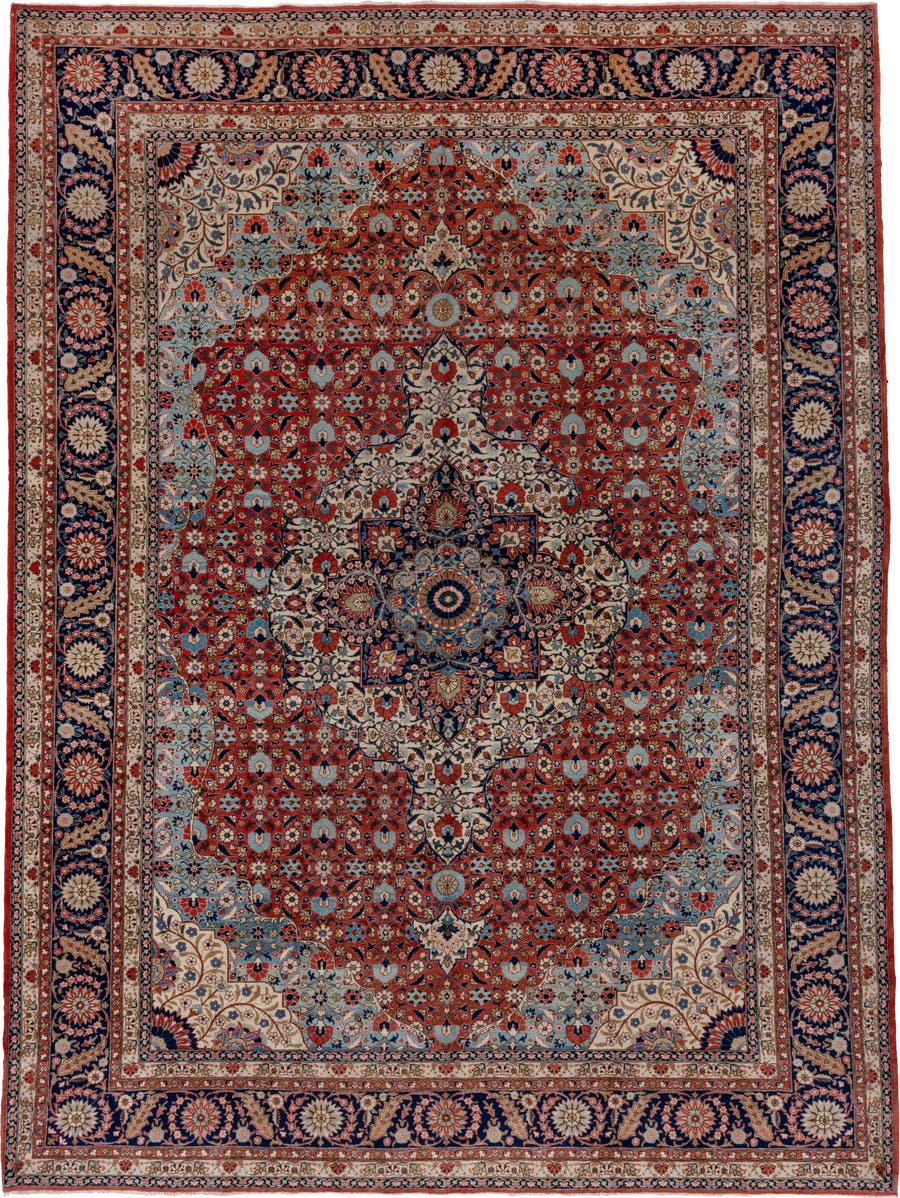 10' x 13' one-of-a-kind handmade vintage Tabriz oversize rug. Color palette: rust, navy, ivory, sky blue, cream, slate blue