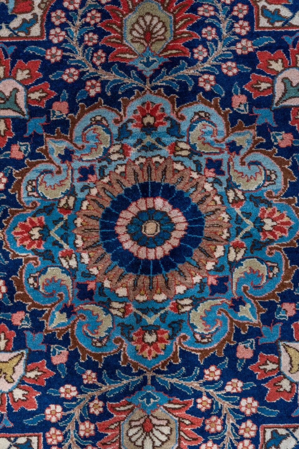 10' x 13' one-of-a-kind handmade vintage Tabriz oversize rug. Color palette: rust, navy, ivory, sky blue, cream, slate blue