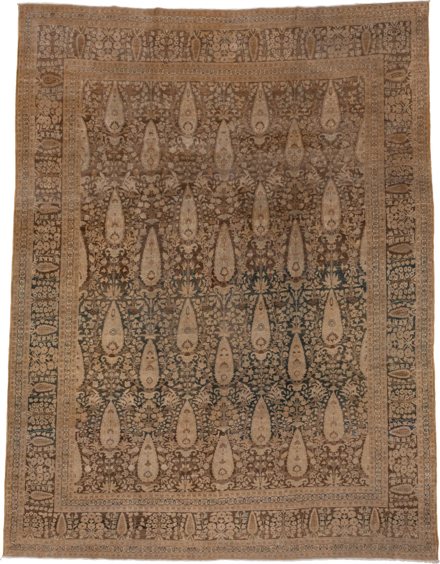 8' x 11' one-of-a-kind handmade vintage Tabriz large size rug. Color palette: taupe, camel, brown, ivory, charcoal