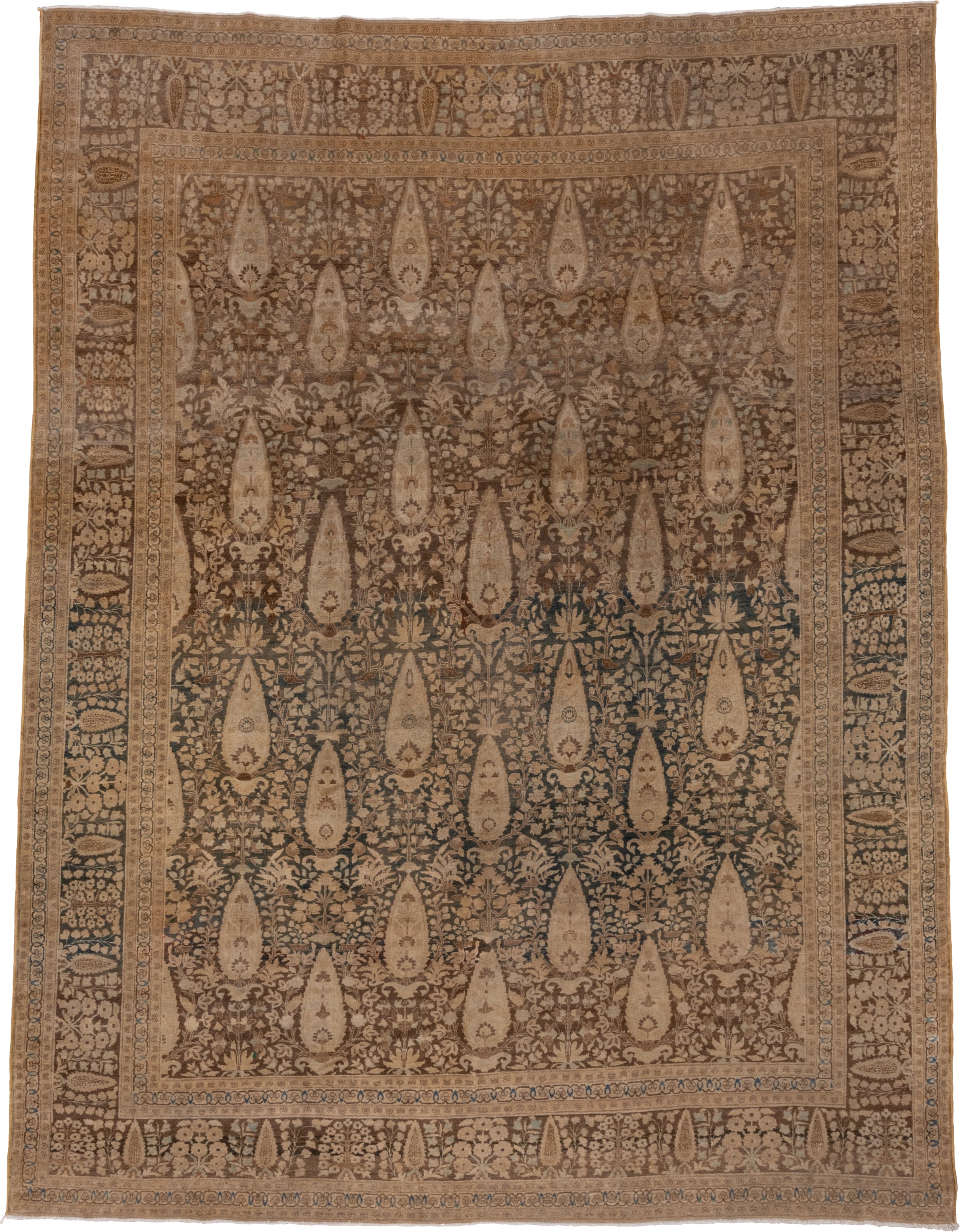 8' x 11' one-of-a-kind handmade vintage Tabriz large size rug. Color palette: taupe, camel, brown, ivory, charcoal