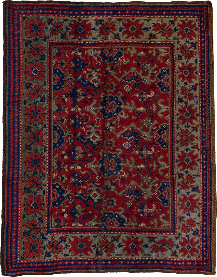 7' x 9' one-of-a-kind handmade vintage Oushak rug. Color palette: red, cobalt, taupe, crimson, brown, ivory, blue, beige