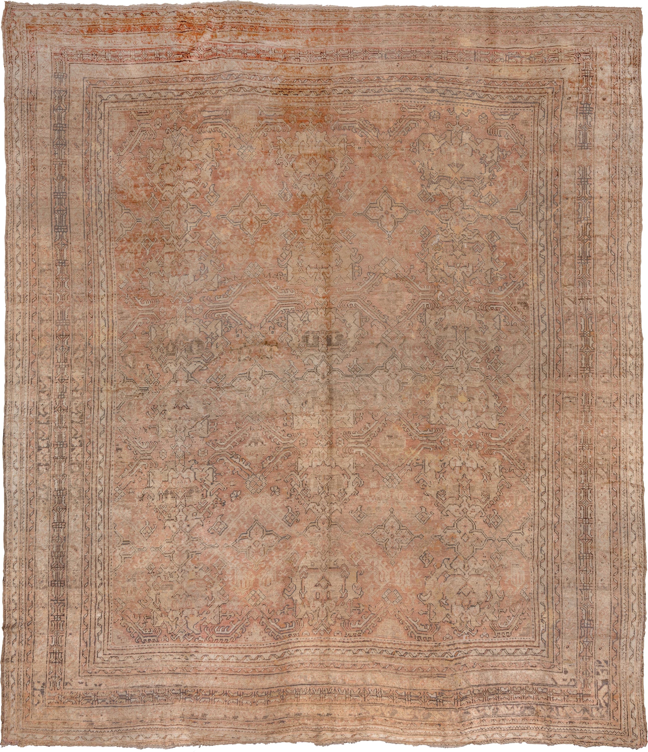 16' x 18' one-of-a-kind handmade vintage Oushak oversize rug. Color palette: peach, ivory, taupe, camel, rose, beige