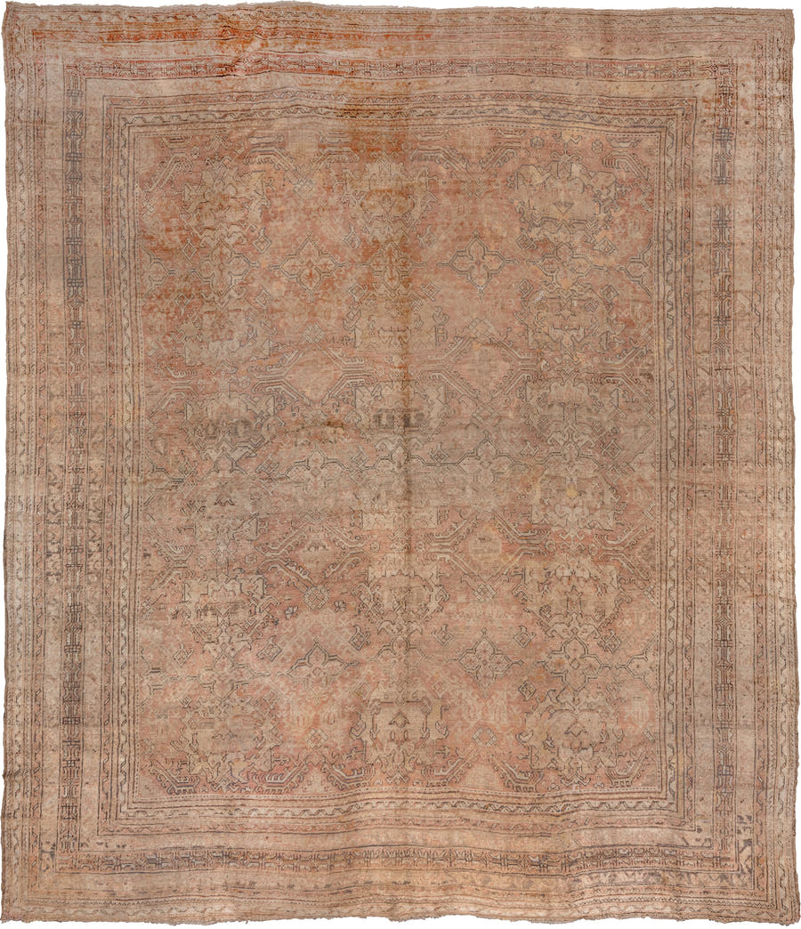 16' x 18' one-of-a-kind handmade vintage Oushak oversize rug. Color palette: peach, ivory, taupe, camel, rose, beige