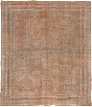16' x 18' one-of-a-kind handmade vintage Oushak oversize rug. Color palette: peach, ivory, taupe, camel, rose, beige